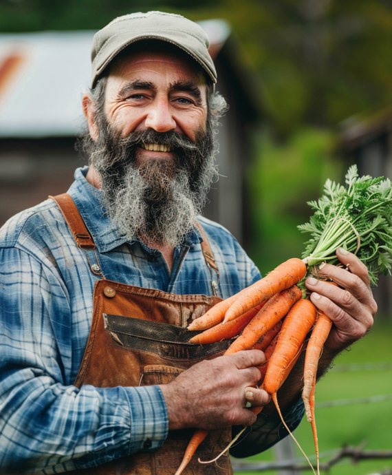 A smiling farmer holding freshly harvested carrots