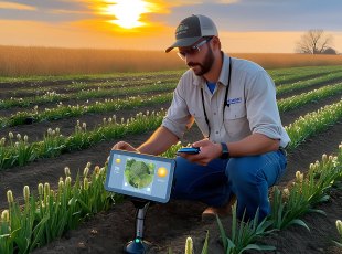 A specialist checking soil quality on a farm